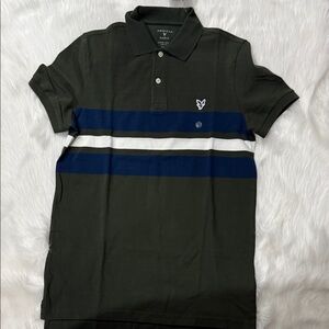 American Eagle Outfitters Dark Green Polo with Blue and White Stripes